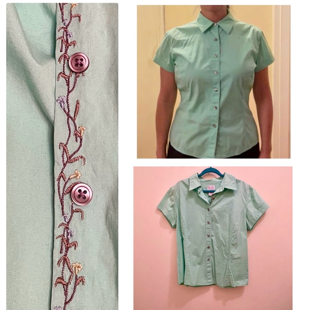 Ann Taylor Loft Fitted Stretch Button Down Top turquoise, size 4p
